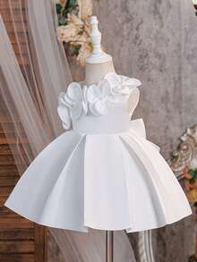 Baby Girls Asymmetrical Shoulder Solid Color Flower Beaded Bow Satin Elegant Birthday Party Dress, Suitable For Flower Girl Wedding, Headband Not Included - White - View 7