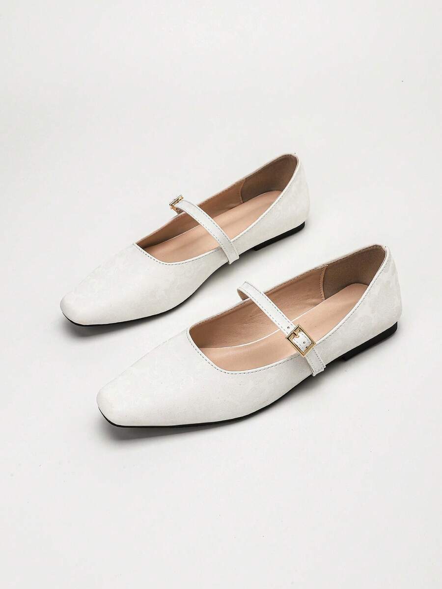 New Fashion Women's Square Toe Minimalist Mary Jane Flat Shoes, Casual Comfortable - White - View 1