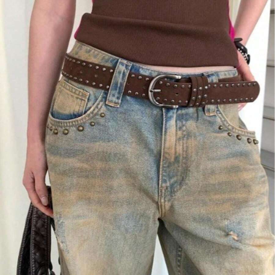1pc Coffee PU Faux Leather Solid Color Suede Retro Rivet Punk Style Premium Niche Versatile Metal Single Row Buckle Wide Waist Belt - Coffee - View 1