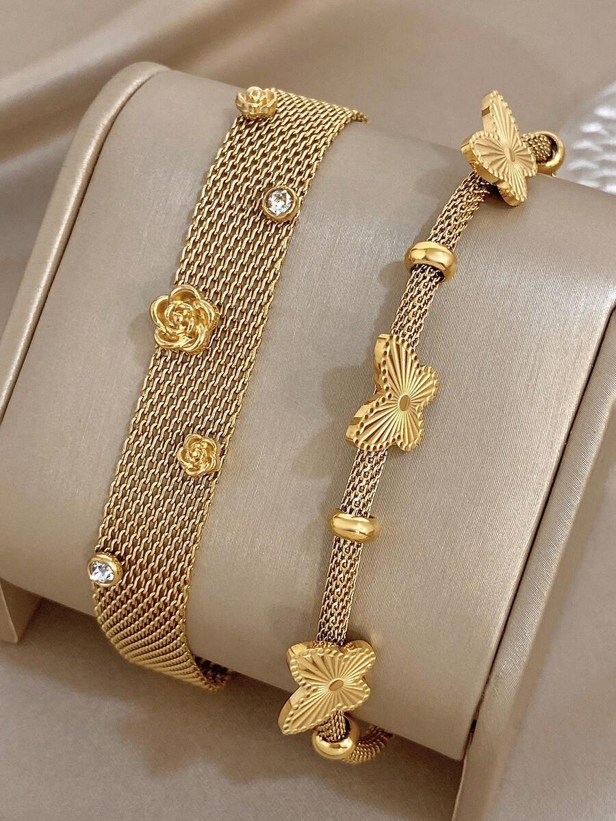 Set/1 Pieza Pulsera de Cadena de Malla Ancha de Acero Inoxidable con Mariposa, Zirconia y Flores Doradas Minimalistas, Conjunto de Joyería para Mujer, Fiesta, Diario, San Valentín/Cumpleaños/Navidad - Multicolor - Ver 1