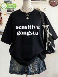 大尺碼女款黑色圓領短袖「Sensitive 」圖案T恤，標準版型高彈力面料上衣，休閒夏季風格 - 黑色 - 查看 3