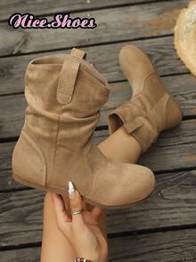 Women's New Fashion Versatile Slouch Boots Slip-On Closed Ankle Boots Riding Boots Thick Sole Black Boots Khaki Boots - Khaki - View 2