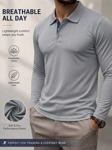 Men's Solid Color Long Sleeve Polo Shirt, Casual Fashion, Suitable For Daily Wear, Lightweight And Comfortable, Men's Polo Shirt, Suitable For Sports, Spring/Autumn/Summer - Grey - View 2