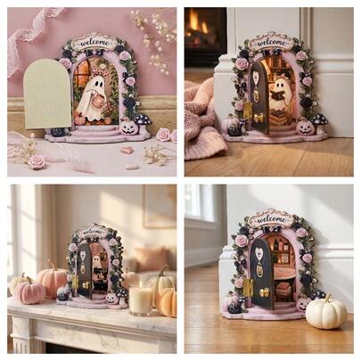 1pc Halloween Wooden Fairy Door Decor, Suitable For Home, Bookshelf, Fireplace Decoration, Holiday Gift, Halloween Decoration