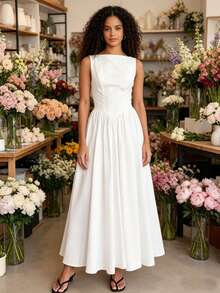 MODA MO, REF: H978 Women's Dress, Long Dress, Sleeveless, Round Neckline, High Waist, Backless, Dress With Zipper, Slim Model, A-Line Dress, Elegant, Modern, Light, Comfortable, Versatile, Refined Look, Casual Chic Dress, Dress For Events, Sophisticated Look, Summer Dress, Quality Finish, Feminine Style. - 白色 - 查看 4