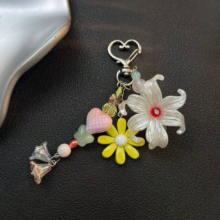 鑰匙圈DIY配件 手鍊珠飾吊飾 藍色與粉色花朵手機鍊 手腕帶 串珠吊墜 相機吊飾 高端Ins風短鍊 - 白色 - 查看 1