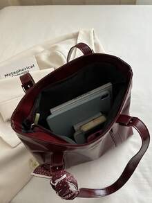 1pc Red Summer New Scarf Decor Large Capacity Solid Color PU Tote Bag Women's Shoulder Bag - Red - View 6