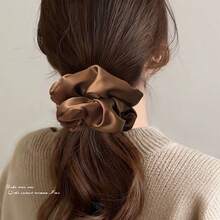 1pc Oversized Fluffy Long Hair Scrunchie, Solid Color, Casual, Polyester, High Elasticity, Soft Silky, Lightweight Luxury, Fashion, 4 Seasons - Brown - View 3