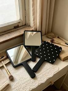 1pc Black And White Polka Dot Handheld Makeup Mirror, Square High-Definition Makeup Mirror With Handle, Portable Dressing Mirror, Suitable For Daily Makeup And Travel - Multicolor - View 1