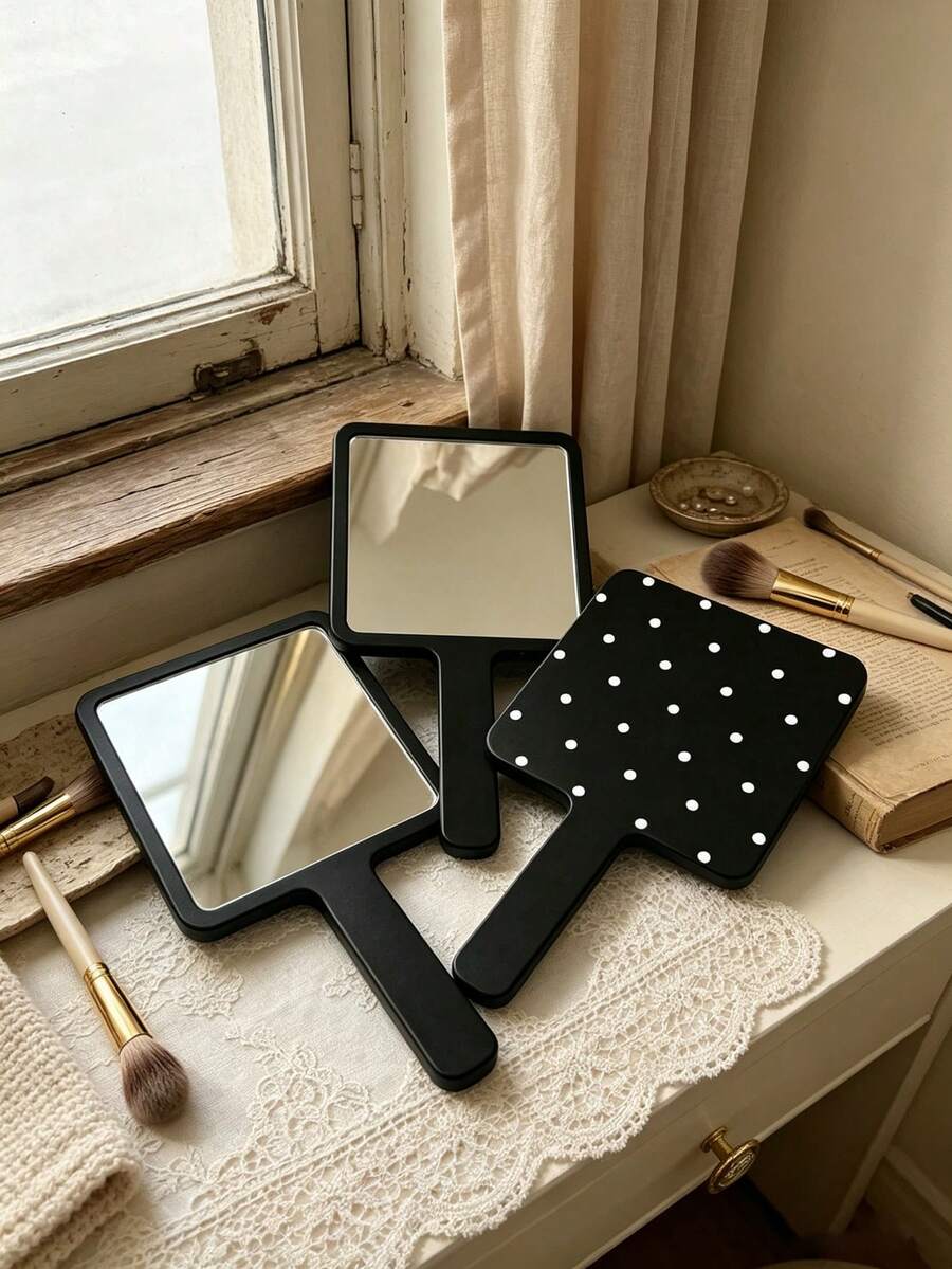 1pc Black And White Polka Dot Handheld Makeup Mirror, Square High-Definition Makeup Mirror With Handle, Portable Dressing Mirror, Suitable For Daily Makeup And Travel - Multicolor - View 1
