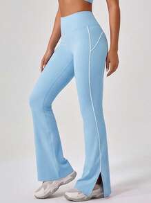 Never me Women's Sports Flared Pants, High Waist Split Leg Yoga Fitness Bell Bottom Trousers - Aqua Blue - View 8
