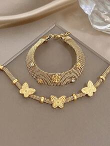 Set/1 Pieza Pulsera de Cadena de Malla Ancha de Acero Inoxidable con Mariposa, Zirconia y Flores Doradas Minimalistas, Conjunto de Joyería para Mujer, Fiesta, Diario, San Valentín/Cumpleaños/Navidad - Multicolor - Ver 5