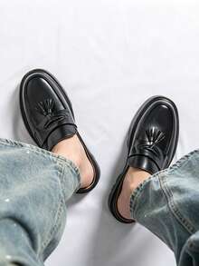 Black Tassel Loafer Mule Half-Slip-On Men's Backless Slip-On Shoes With Thick Serrated Platform Sole, Invisible Height Increase, British Street Style Spring/Summer Commute Versatile Slouchy Outdoor Sandals - Black - View 9