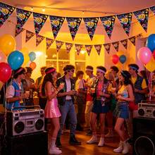 1件 80年代復古派對三角旗飾 BACK TO THE 80s 彩色幾何圖案三角旗幟，懷舊迪斯可主題生日派對牆面裝飾橫幅 - 查看 6