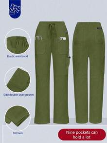 Pantalones de mujer/enfermería, pantalones cómodos, pantalones de unicolor simple con múltiples bolsillos - Verde militar - Ver 1
