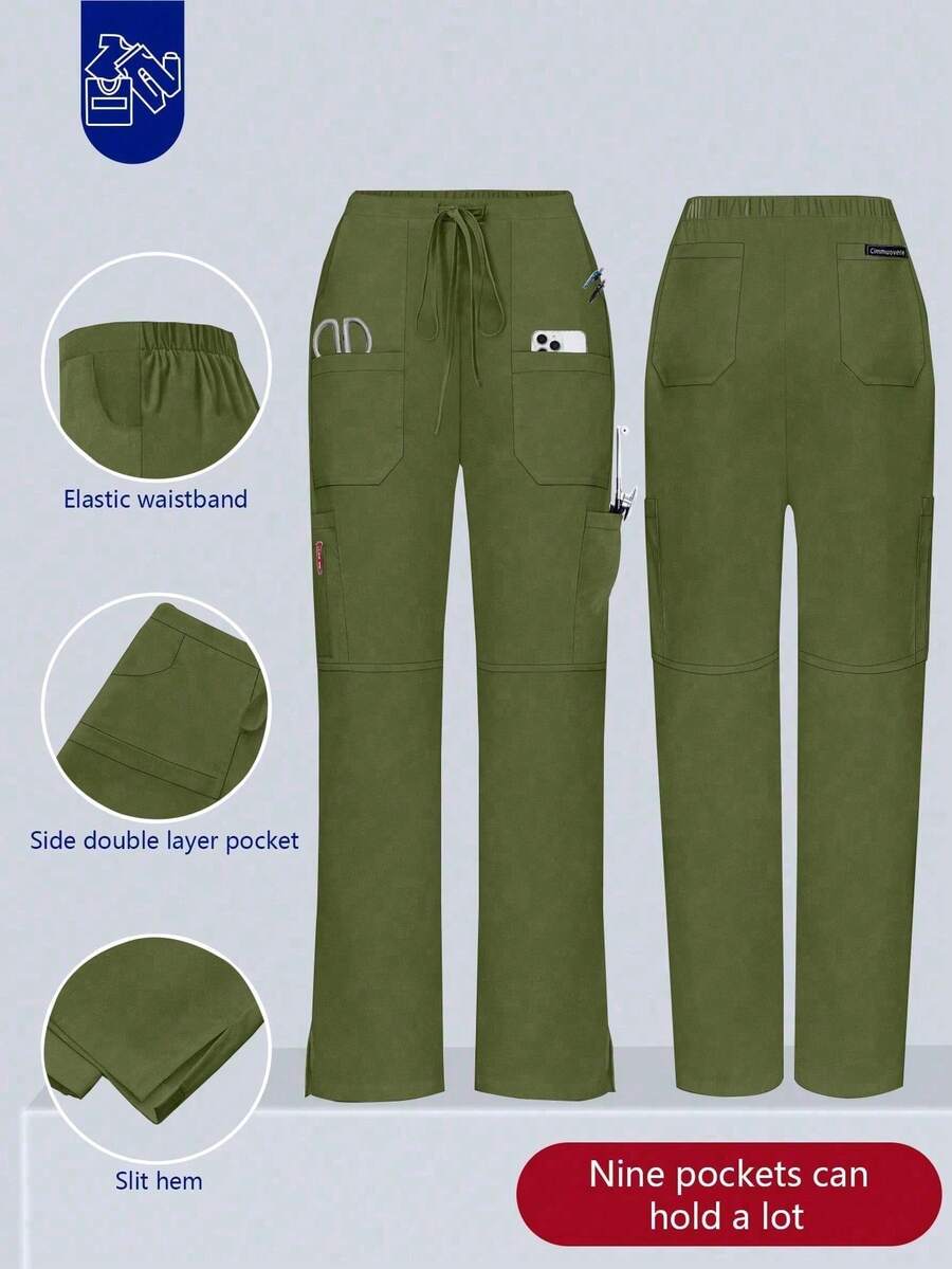 Pantalones de mujer/enfermería, pantalones cómodos, pantalones de unicolor simple con múltiples bolsillos - Verde militar - Ver 1