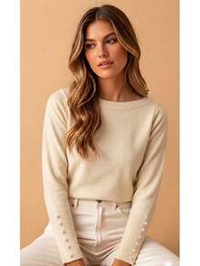 Basic Knit Sweater Blouse With Pearls, Modal Fiber, Nighttime - Straw - View 5