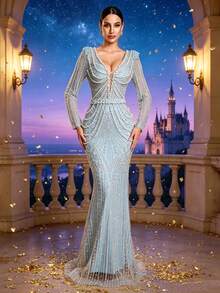 GIFORU Light Ice Blue Heavy Beaded Mermaid Evening Gown For Women, Custom Style Dress Fall Wedding Party - Dusty Blue - View 12