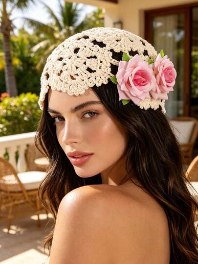 1 pieza Sombrero bohemio de punto hueco, combinado con dos rosas o lirios simulados, para accesorios de cabello de vacaciones en la playa y uso diario de mujeres