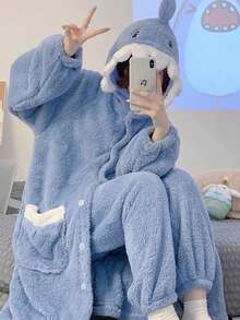 Ensemble de peignoir et robe de chambre en flanelle douce et épaisse pour femmes, motif dessin animé, tenue d'intérieur, nouveau pour l'automne/hiver - Multicolore - Voir 5