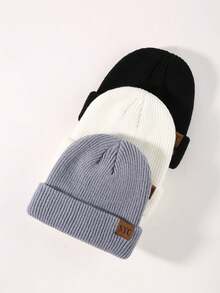 3pcs NYC Unisex Topi Beanie Rajut Musim Dingin dengan Patch Kulit untuk Pria dan Pakaian Luar Ruangan - MultiWarna - View 5