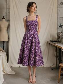 1 pieza de tela de brocado jacquard floral púrpura ornamentada, textil tejido con fondo púrpura y flores de volutas doradas-verdes, material duradero y lujoso para vestimenta, vestidos de noche, tapicería, cortinas, fundas de cojín, decoración del hogar clásica y opulenta - 1 - Ver 9