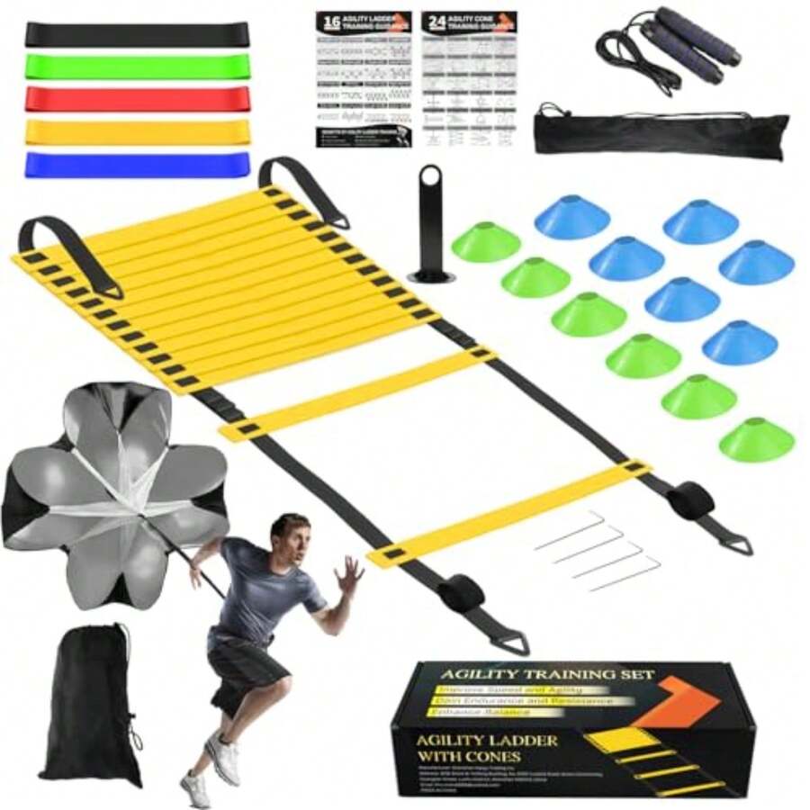 Speed Agility Training Equipment Set, Agility Ladder 20Feet, 12 Football Cones, Resistance Parachute/Soccer Kick Trainer, Jump Rope, 5 Resistance Bands, Football Practice Equipment For Adults - Set1 With Parachute - View 1