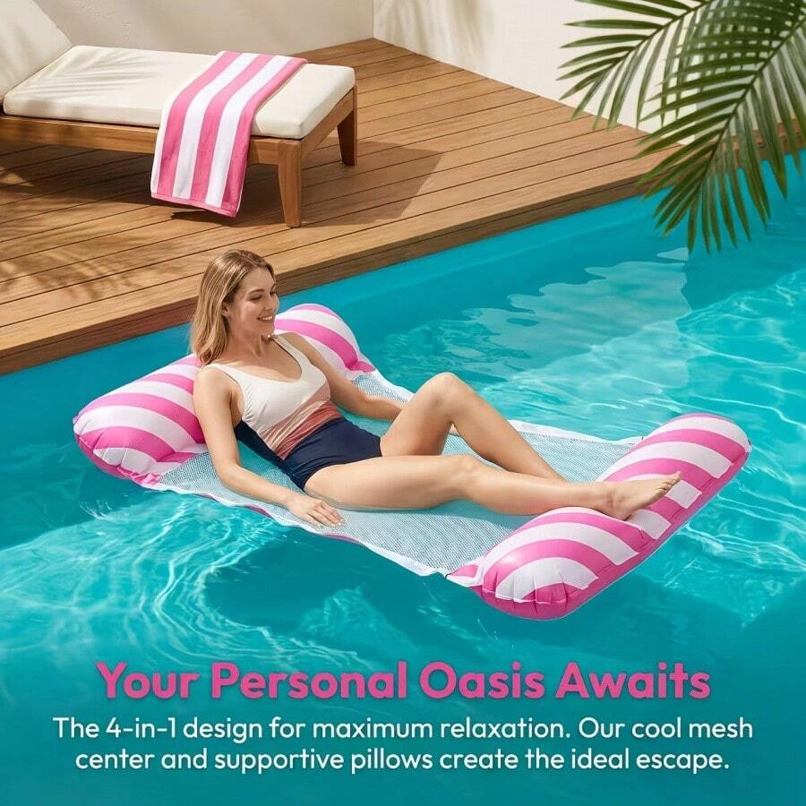 Mesh Breathable Inflatable Float With Pillow Design, Comfortable Reclining Without Pressure, Thickened PVC And Durable, Good Load-Bearing And Anti-Flip, Pool Float / Beach Mat Dual Use, Quick Inflation And Deflation, Portable And Easy To Store, Summer Water Play - Multicolor - View 1