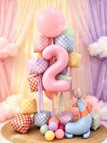 26pcs Soft Color Checkerboard Theme Birthday Balloon Set - 40 Inch Pink Number & 22 Inch Checkerboard Square Foil Balloons - Suitable For Birthday Party Decorations, Baptism, Anniversary And Photography Studio Events. - View 3