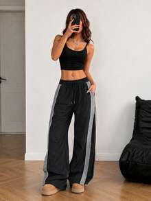 Women's Black Wide Leg Sweatpants, Grey Contrast Side Panels, White Trim, Drawstring Elastic Waist, Suitable For Casual Daily Wear - Black - View 2