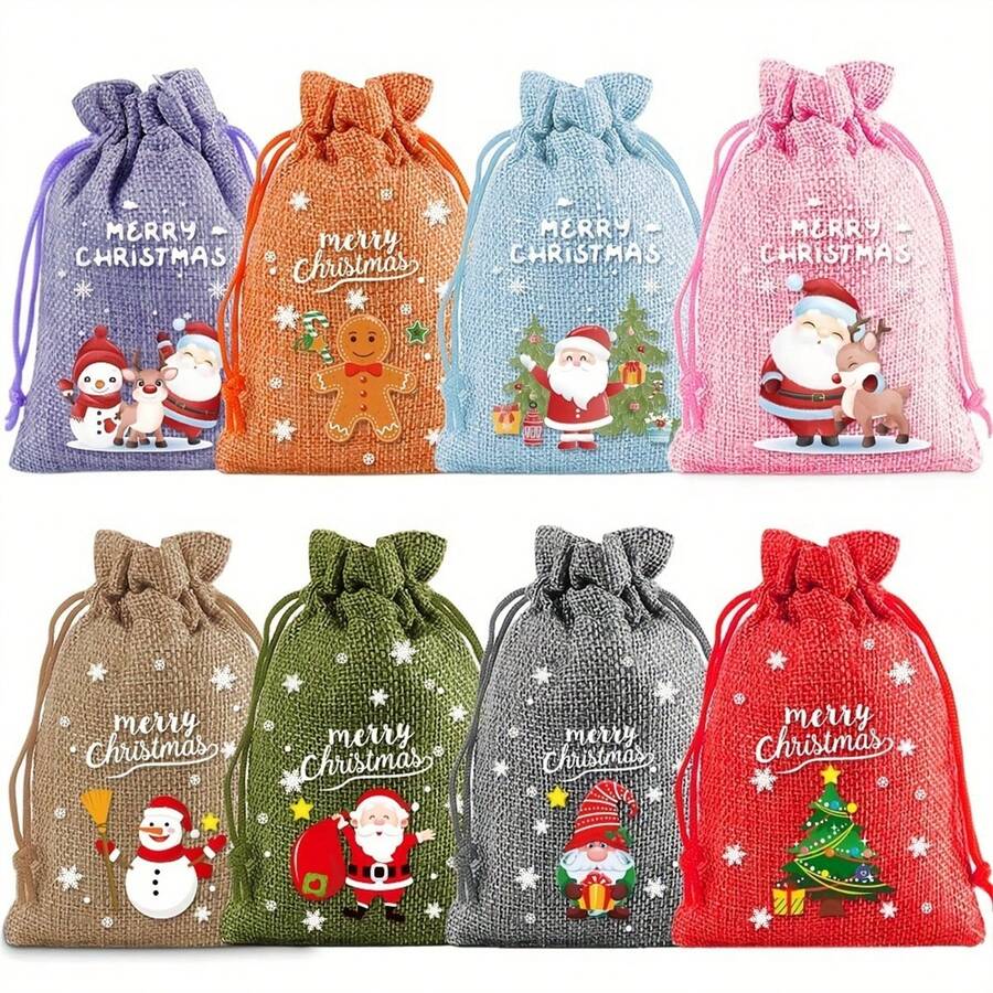 1/8/16pcs,Christmas Decorations, Christmas Tree Decorations, Gift Bags, Burlap Gift Bags, Wedding Burlap Bags, Yarn Drawstring Linen Jewelry Bags, Suitable For Birthdays, Parties - Multicolor - View 1