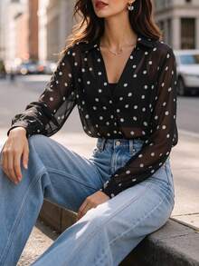 Black Polka Dot Sheer Shirt, Women Elegant Collared Long Sleeve Button Down See Through Chiffon Casual Blouse Vacation - Black and White - View 8