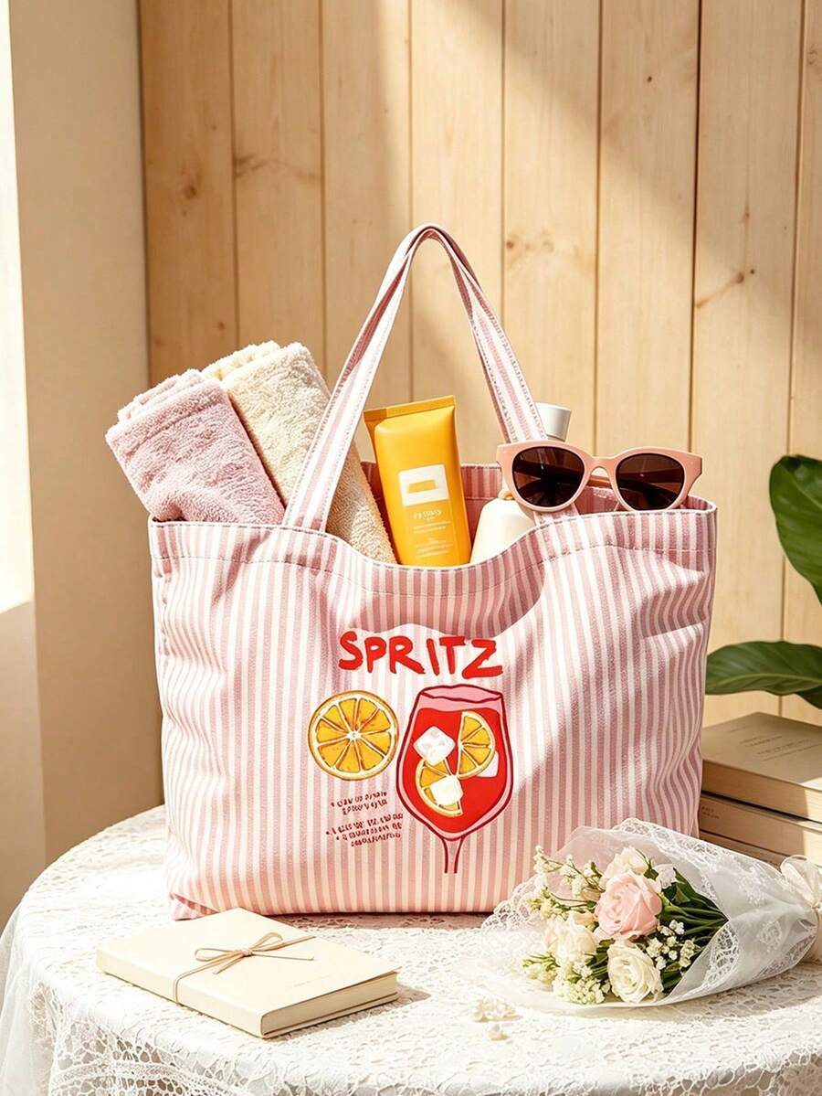 1/2pcs Striped Tote Bag And Makeup Bag, Printed With "Lemon" Pattern, Suitable For Vacation, Commute, Shopping, Gift For Family And Friends - Multicolor - View 1