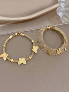 Set/1 Pieza Pulsera de Cadena de Malla Ancha de Acero Inoxidable con Mariposa, Zirconia y Flores Doradas Minimalistas, Conjunto de Joyería para Mujer, Fiesta, Diario, San Valentín/Cumpleaños/Navidad - Multicolor - Ver 4