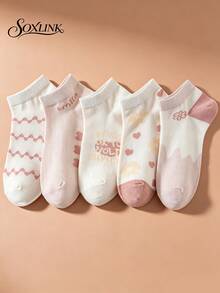 5 Pairs Light Pink Soft Style Short Socks For Women, Heart Flower Wave Stripe Letter Tube Socks, Korean Style Spring Summer Thin Short Socks, Suitable For Daily Wear. - Multicolor - View 7