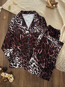 Women's All-Over Leopard Print Front Button Pajama Set, Contrast Trim Lapel Long Sleeve Long Pants 2 Pieces Loungewear Set - Multicolor - View 8
