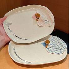 1pc Cute 3D Sleepy Bear Ceramic Dinnerware Set, Wavy Textured Coffee Mug + Bowl + Spoon + Irregular Plate + Bear Coaster, Plaid Bed Bear Design Porcelain Tableware, Aesthetic Ins Breakfast Gift Set For Women Girls - Multicolor - View 8