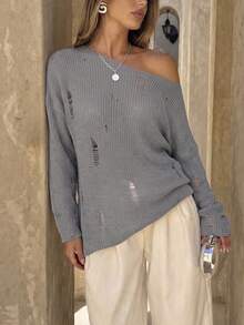 Autumn New Loose Hollow-Out Distressed Slouchy Long Sleeve Air Conditioning Shirt Sun Protection Top - Grey - View 6