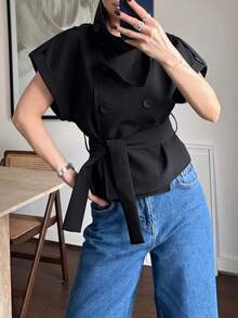 Jaket Kardigan Minimalis Kasual Elegan Wanita untuk Liburan Musim Panas Warna Hitam - Hitam - View 7