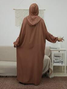 Women's Loose Brown Hooded Robe With Drawstring Tassel Detail, Long Bishop Sleeves, Elegant Woven Fabric - Brown - View 3