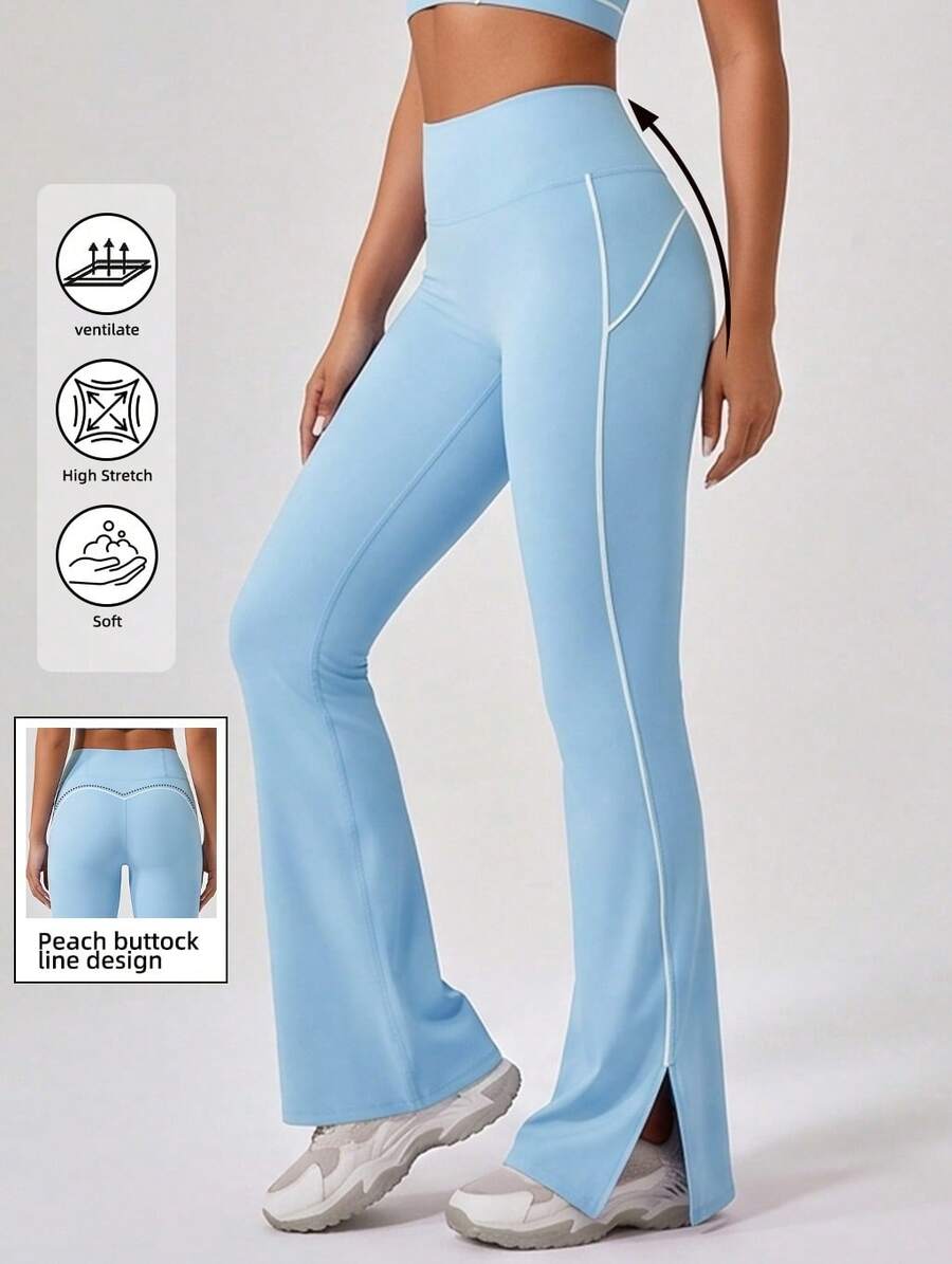 Never me Women's Sports Flared Pants, High Waist Split Leg Yoga Fitness Bell Bottom Trousers - Aqua Blue - View 1