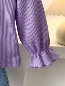 مجموعة ملابس أطفال بنات خريف/شتاء: ملابس علوية محبوكة بنمط وافل باللون البنفسجي التارو + بنطال جينز طويل بنقشة زهور، طقم من قطعتين بأسلوب حلو للربيع/الخريف - الأرجواني - مشاهدة 9