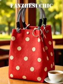 時尚波點布料托特包，頂部配有彩色繩編手把與磁吸開合，適合職場人士、學生、全職媽媽、教師與年輕女性，適用通勤、購物、約會、外出用餐、派對、日常出行、週末旅行與度假，美感設計 - 彩色 - 查看 18