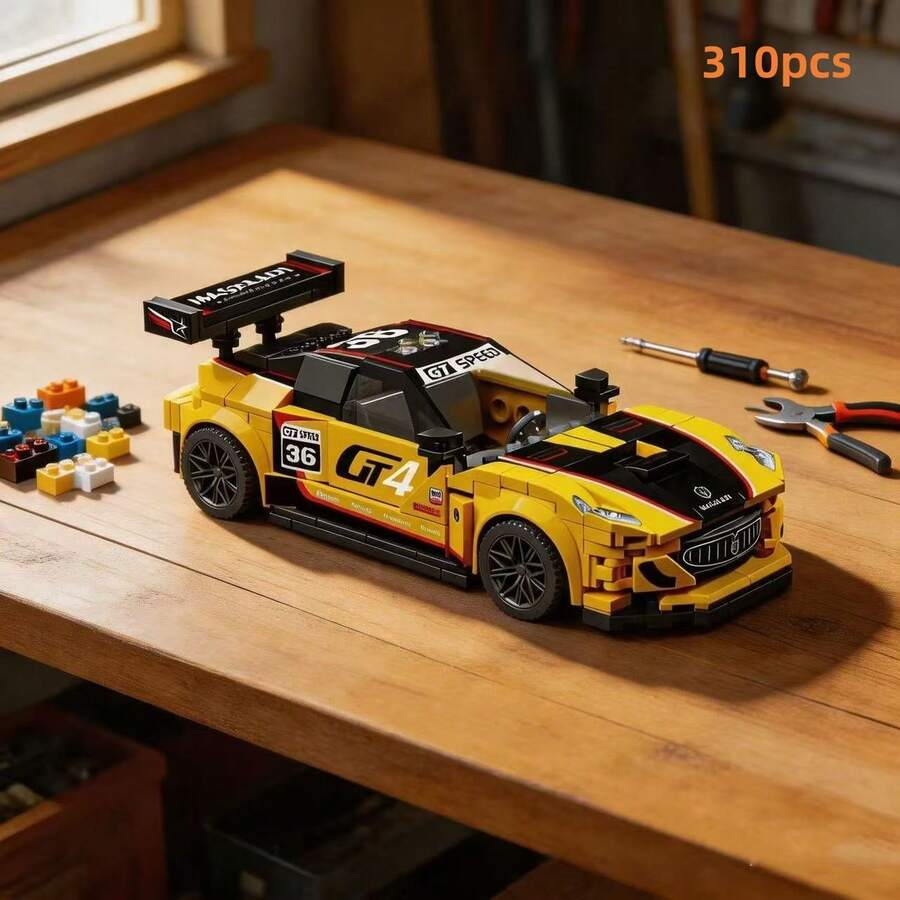 310pcs Yellow GT4 Racing Car Building Block Model With Rear Wing, Realistic Tires, Detailed Sports Car Assembly Toy For Boys, Car Enthusiasts, DIY Collectible, Halloween And Christmas Gift - Multicolor - View 1