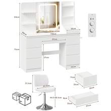 Devoko Vanity Table With LED Mirror & Power Outlet, Dressing Table With 7 Drawers, Hair Dryer Holder & Jewelry Hooks, White/Black/Pink - 查看 8