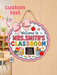 1pc Custom Teacher Name Welcome To Classroom Door Hanger,Personalized Pink Polka Dot Bow Wooden Plaque, Cute Apple Book Teach Love Inspire,School Front Door,Teacher Gift,Teacher Appreciation Gift,Back To School - Multicolor - View 7