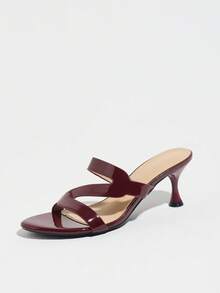 Women's Summer Burgundy Glossy Kitten Heel Open Toe Sandals Unique Z-Strap Slip-On Mule High Heel Sandals Elegant Style Exquisite Versatile Suitable For Banquet Party Date Commute Vacation Daily Gathering Shopping Outfit Mature Fashion High-End Women's Shoes - Burgundy - View 4