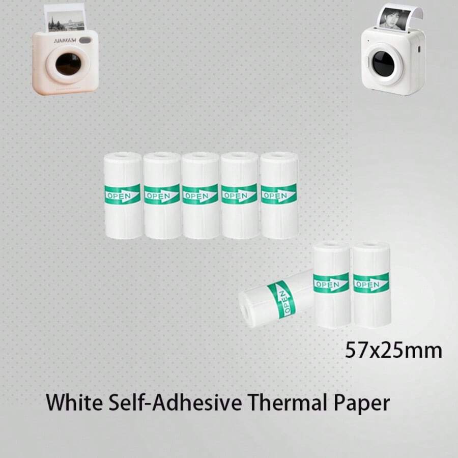 5/10/20 Rolls Mini Printer Paper White Continuous Self-Adhesive Sticker Paper For Portable High-Definition Photo Printer, Suitable For Study Notes, Work, Photos, Images, Memo Mini Printer Paper 57mm - One Size - View 1