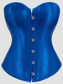 Corpete Bustier de Cetim com Fechamento Frontal e Cadarço Traseiro, Modelagem com Ossos, Estilo Palaciano Retrô para Festa, Ensaio Fotográfico, Halloween, Azul - Azul - Visão 11