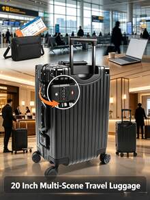 1pc 20-Inch Thick Hard Sided Luggage, Large Capacity Password Lock Suitcase, Spinner Wheels, Zipper Closure, Aluminum Frame, Multiple Colors - Black Aluminum Frame - View 1